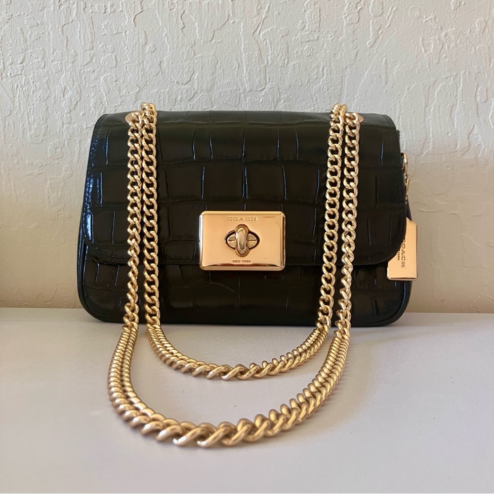 Coach Black Crocodile Leather Cassidy Chain Bag